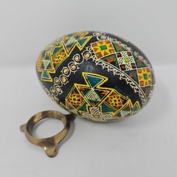 Vintage Ukrainian Pysanky Pysanka Hand Painted Goose Egg w/Stand Geometric Black - Picture 4 of 5